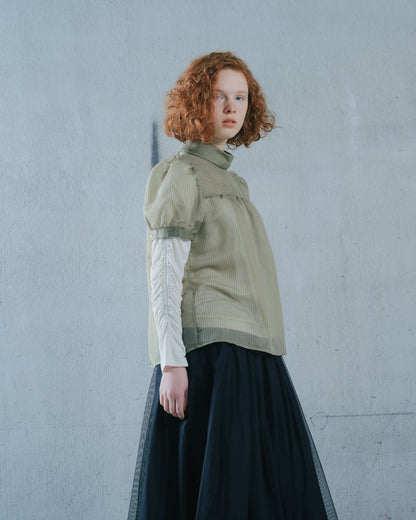 【SALE/50%0ff】Stripe Half Sleeve Blouse [603392] khaki