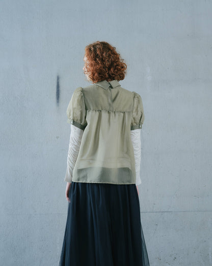 【SALE/50%0ff】Stripe Half Sleeve Blouse [603392] khaki